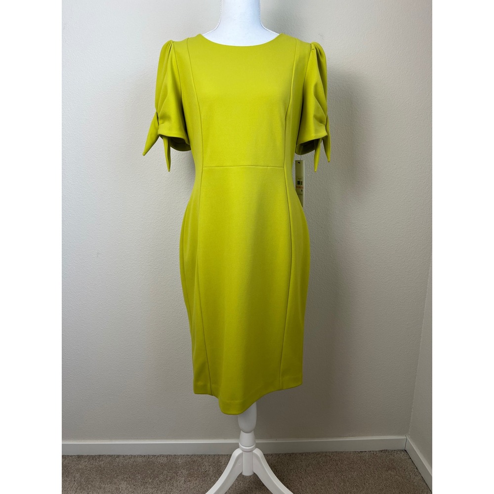 Calvin Klein Chartreuse Sheath Midi Dress Puff Tie Sleeves Career Cocktail Sz 10